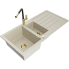 Mexen Andres granite sink 1.5-bowl with drainer and Flora kitchen tap, beige - 6515-69-670401-57-G