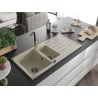 Mexen Andres granite kitchen sink 1.5-bowl with drainer and Flora kitchen tap, beige - 6515-69-670401-57-B