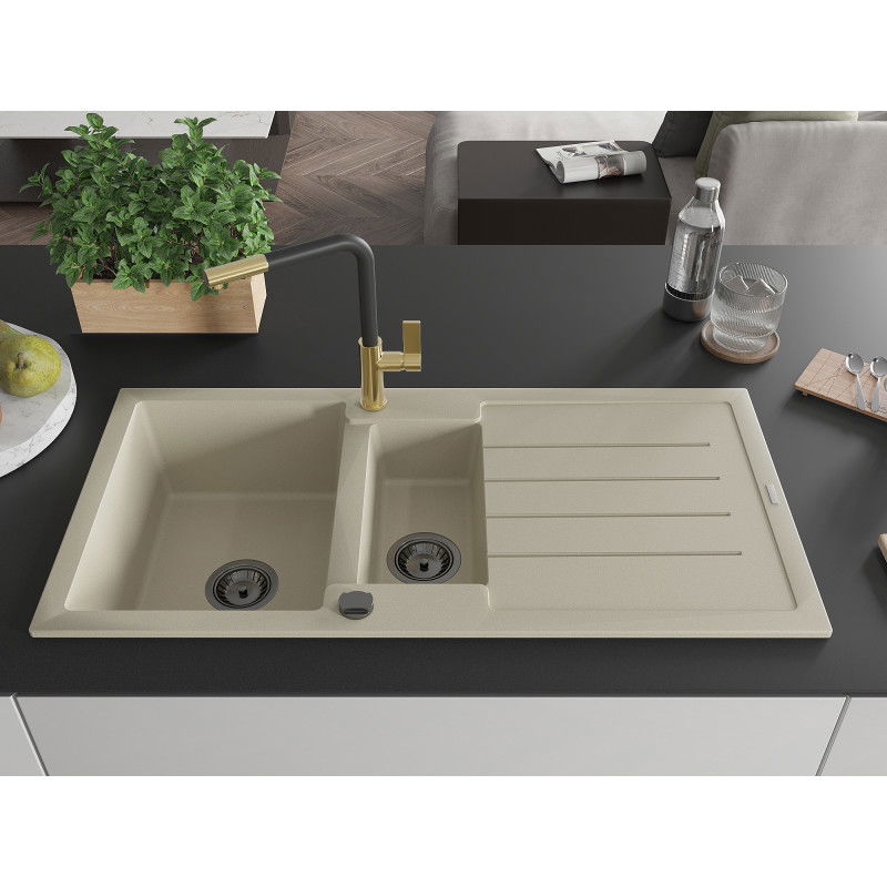 Mexen Andres granieten gootsteen 1,5-komers met afdruiprek en keukenkraan Flora, beige - 6515-69-670401-57-B