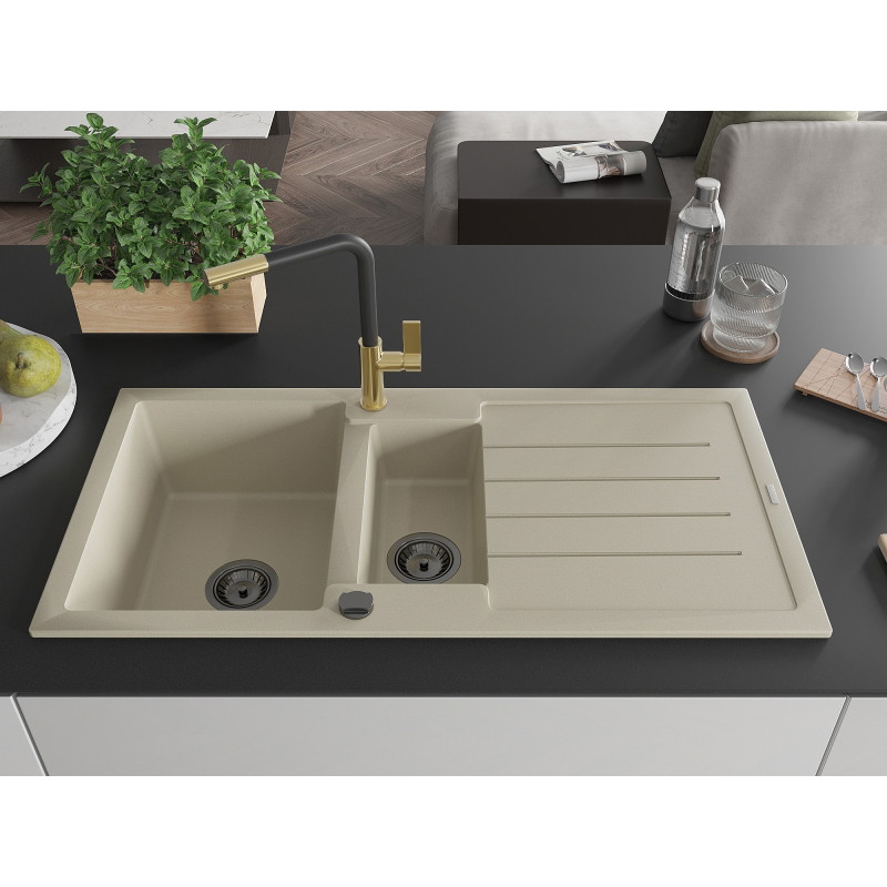 Mexen Andres granitische spoelbak 1,5-komorig met afdruipplaat en keukenmengkraan Flora, beige - 6515-69-670401-57-B