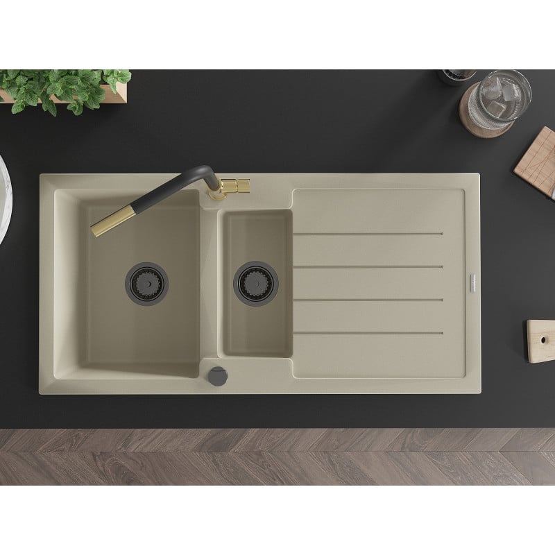 Mexen Andres granite kitchen sink 1.5-bowl with drainer and Flora kitchen tap, beige - 6515-69-670401-57-B