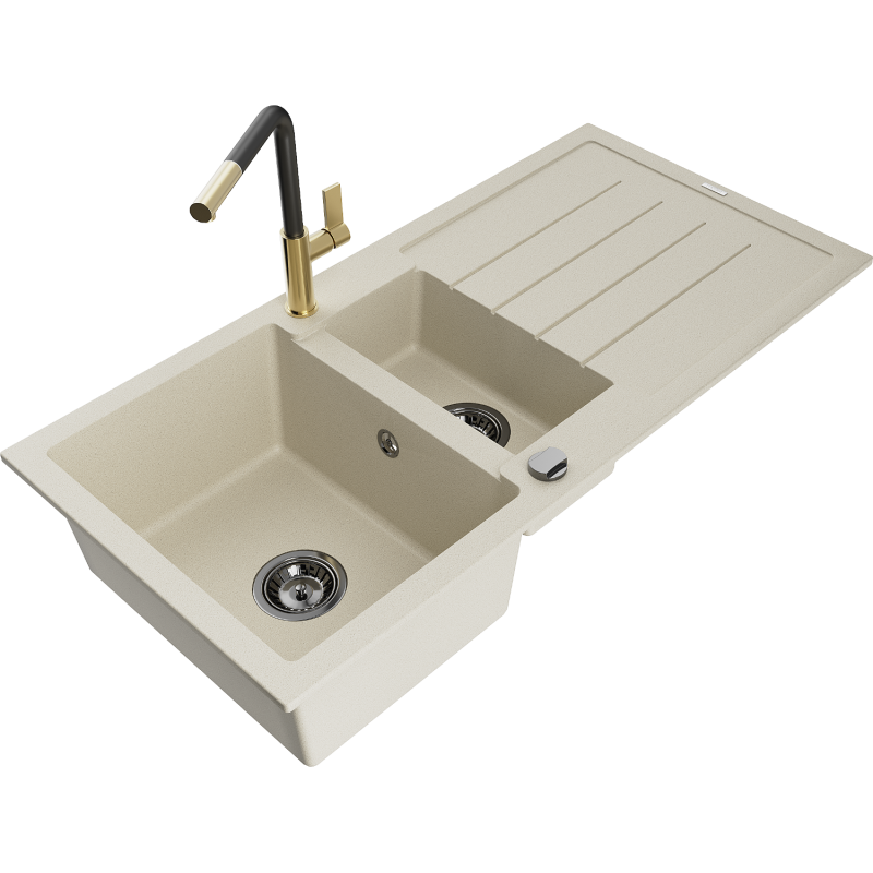 Mexen Andres granieten gootsteen 1,5-komers met afdruiprek en keukenkraan Flora, beige - 6515-69-670401-57-B