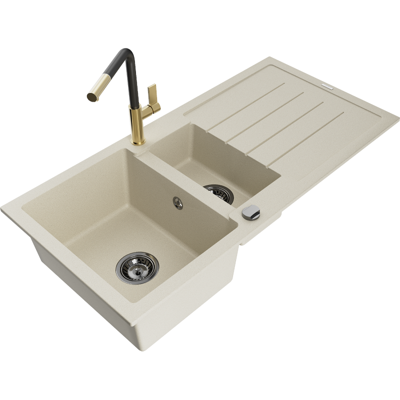 Mexen Andres Granitspüle 1,5-Becken mit Abtropffläche und Küchenarmatur Flora, beige - 6515-69-670401-57-B
