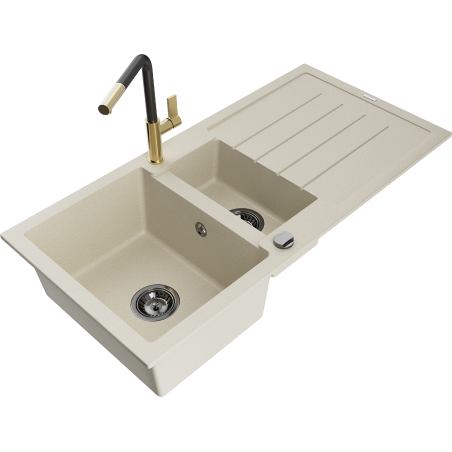 Mexen Andres granieten gootsteen 1,5-komers met afdruiprek en keukenkraan Flora, beige - 6515-69-670401-57-B