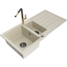 Mexen Andres granieten gootsteen 1,5-comparte met afdruiprek en keukenkraan Flora, beige - 6515-69-670401-57-B