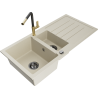 Mexen Andres granite kitchen sink 1.5-bowl with drainer and Flora kitchen tap, beige - 6515-69-670401-57-B