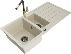 Mexen Andres granieten gootsteen 1,5-komers met afdruiprek en keukenkraan Flora, beige - 6515-69-670401-57-B