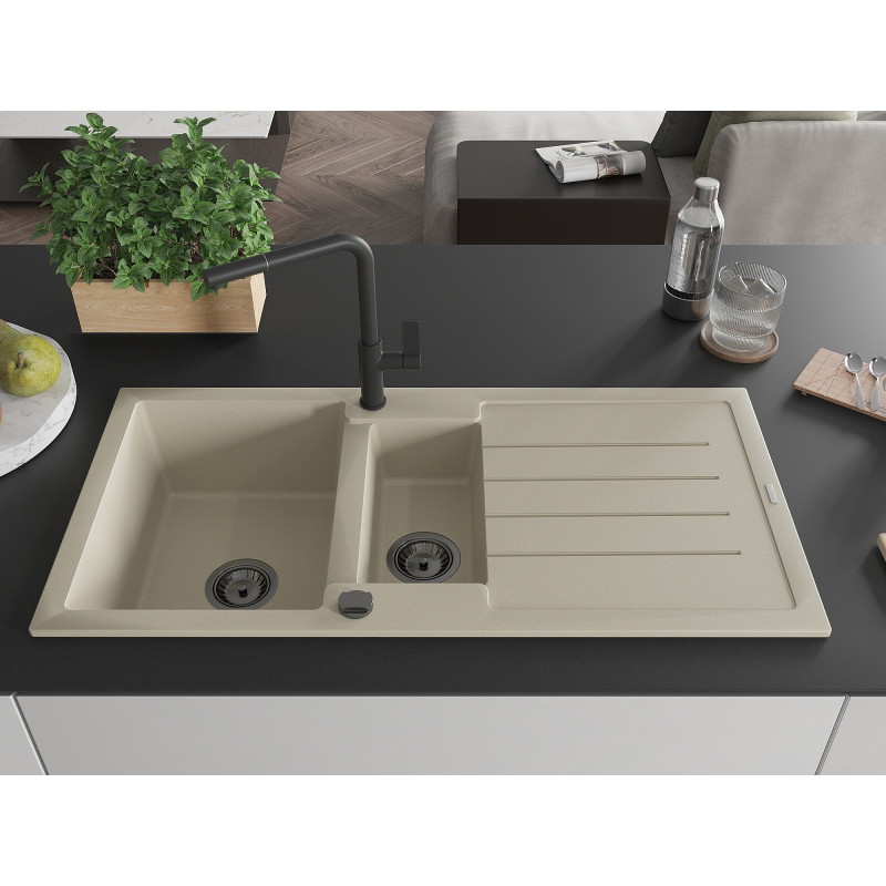 Mexen Andres fregadero de granito de 1,5 senos con escurridor y grifo de cocina Flora, beige - 6515-69-670401-70-B