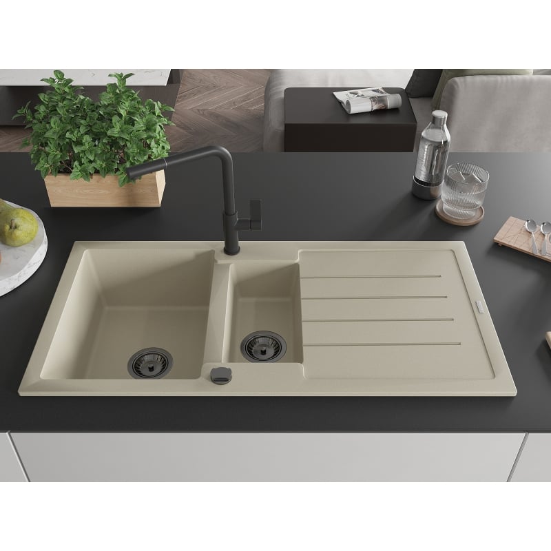 Mexen Andres granitische spoelbak 1,5-komor met afdruiprek en keukenkraan Flora, beige - 6515-69-670401-70-B