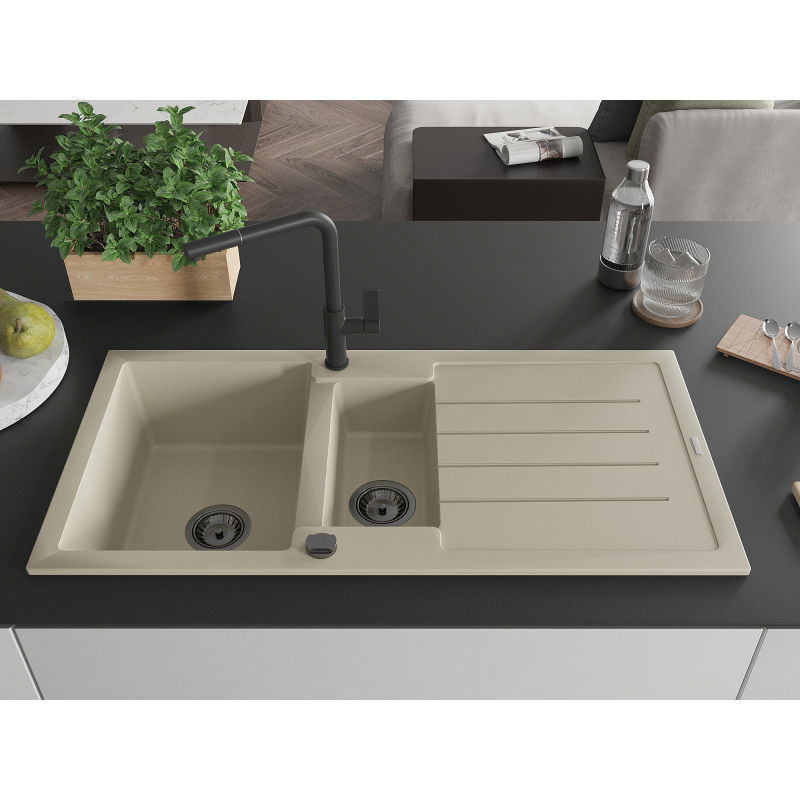 Mexen Andres lavello in granito 1,5 vasche con scolapiatti e miscelatore cucina Flora, beige - 6515-69-670401-70-B