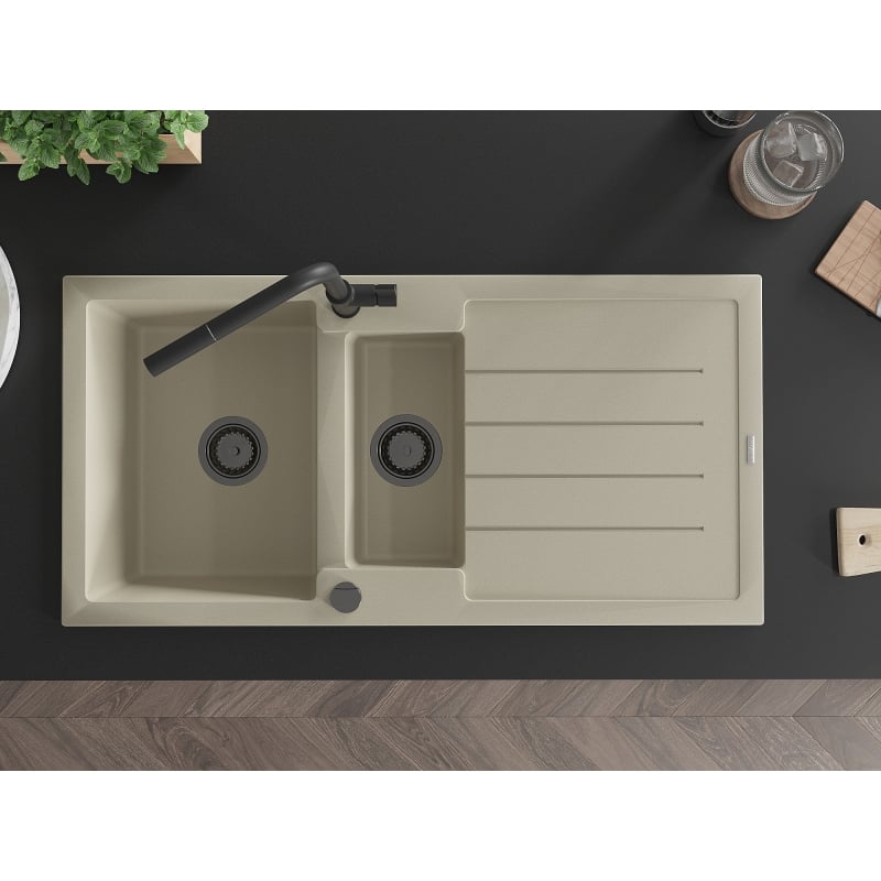 Mexen Andres granitische spoelbak 1,5-komor met afdruiprek en keukenkraan Flora, beige - 6515-69-670401-70-B