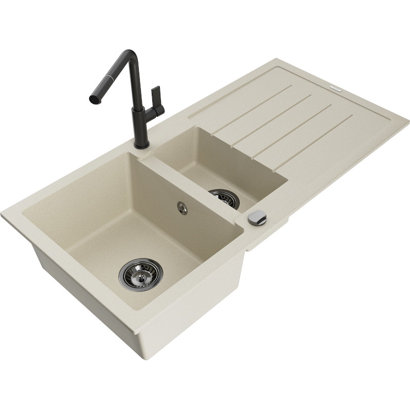 Mexen Andres fregadero de granito de 1,5 senos con escurridor y grifo de cocina Flora, beige - 6515-69-670401-70-B