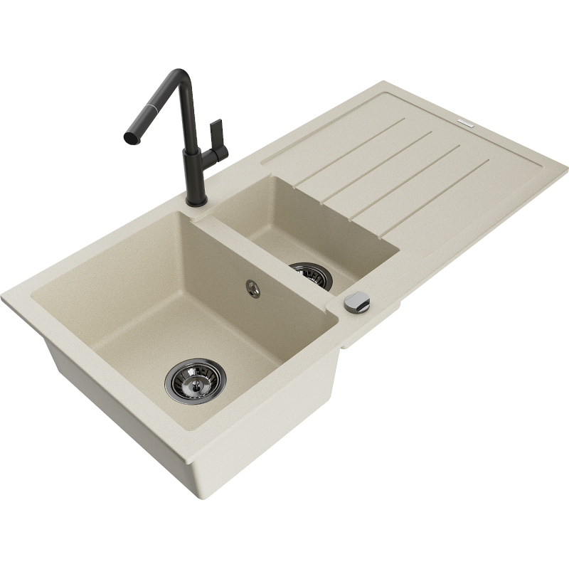 Mexen Andres granite sink 1.5-bowl with drainer and Flora kitchen tap, beige - 6515-69-670401-70-B