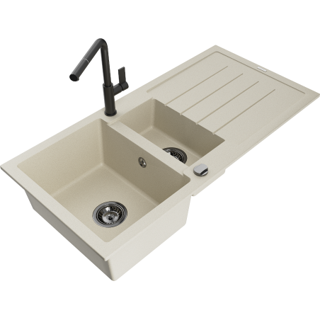 Mexen Andres évier en granit 1,5-bac avec égouttoir et robinet de cuisine Flora, beige - 6515-69-670401-70-B