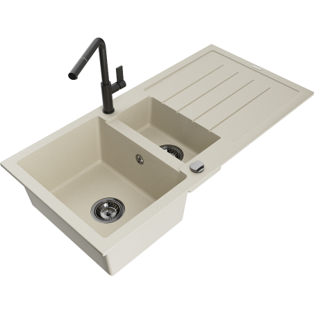 Mexen Andres granitische spoelbak 1,5-komor met afdruiprek en keukenkraan Flora, beige - 6515-69-670401-70-B