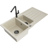Mexen Andres granite sink 1.5-bowl with drainer and Flora kitchen tap, beige - 6515-69-670401-70-B