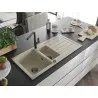 Mexen Andres granite sink 1.5-bowl with drainer and Flora kitchen tap, beige - 6515-69-670401-70-B