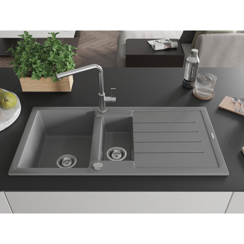 Mexen Andres lava-loiça em granito de 1,5 cubas com escorredor e torneira de cozinha Flora, cinza - 6515-71-670401-00