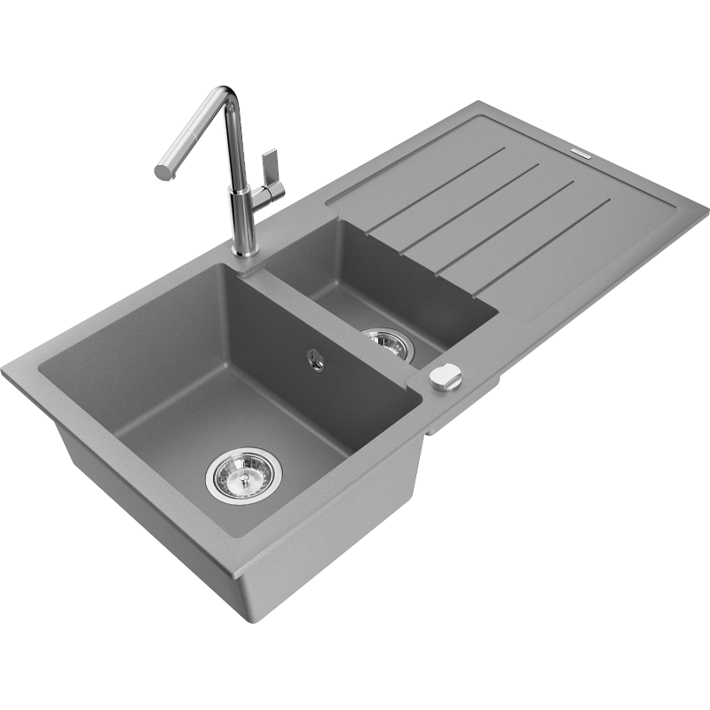 Mexen Andres fregadero de granito de 1,5 cuencas con escurridor y grifo de cocina Flora, gris - 6515-71-670401-00