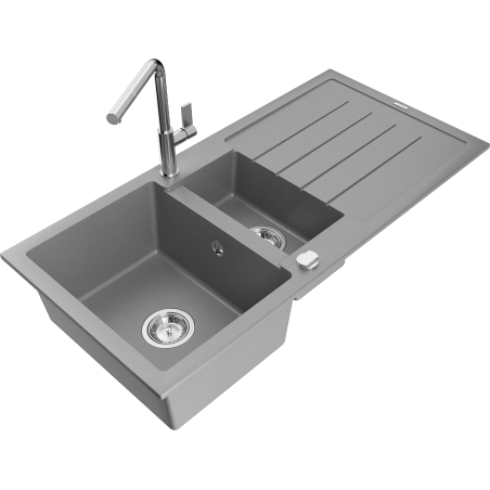 Mexen Andres granite sink 1.5-bowl with drainer and Flora kitchen tap, grey - 6515-71-670401-00