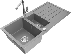 Mexen Andres granite sink 1.5-bowl with drainer and Flora kitchen tap, grey - 6515-71-670401-00