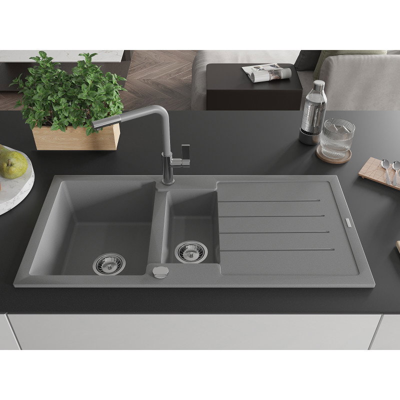 Mexen Andres granite sink 1.5-bowl with drainer and Flora kitchen tap, grey - 6515-71-670401-06