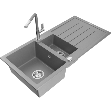 Mexen Andres 1.5-bowl granite sink with drainer and Flora kitchen faucet, gray - 6515-71-670401-06