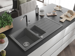 Mexen Andres granite sink 1.5-bowl with drainer and Flora kitchen tap, grey - 6515-71-670401-07
