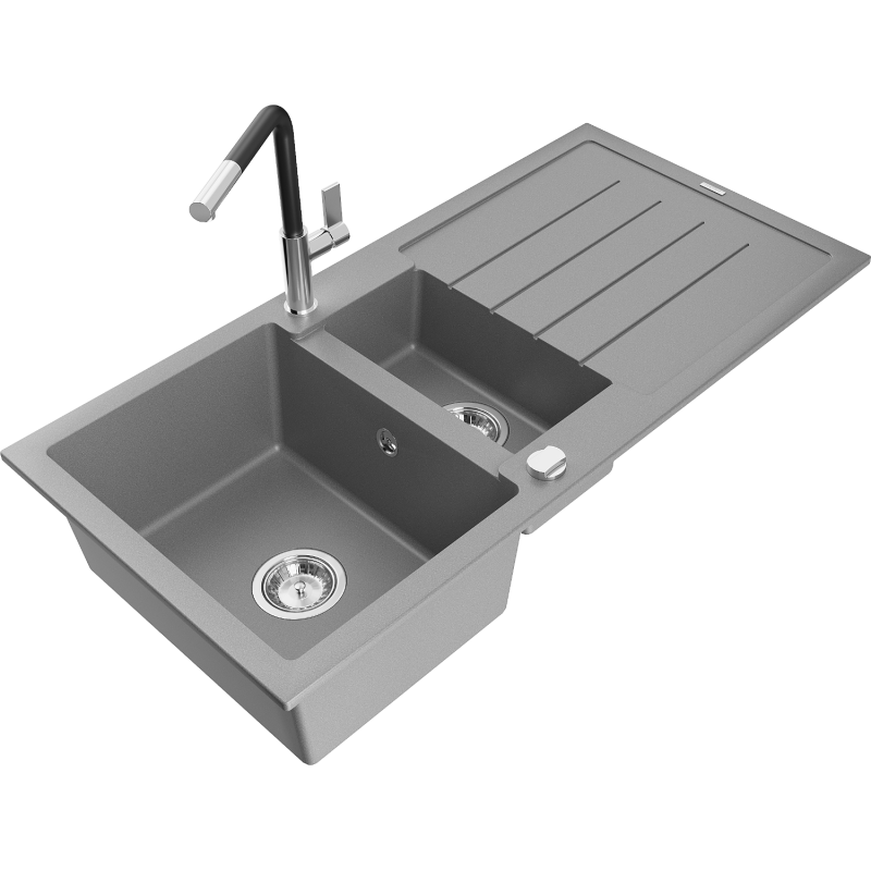 Mexen Andres fregadero de granito de 1,5 senos con escurridor y grifo de cocina Flora, gris - 6515-71-670401-07