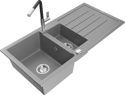 Mexen Andres granite kitchen sink 1.5 bowl with drainer and Flora kitchen faucet, gray - 6515-71-670401-07