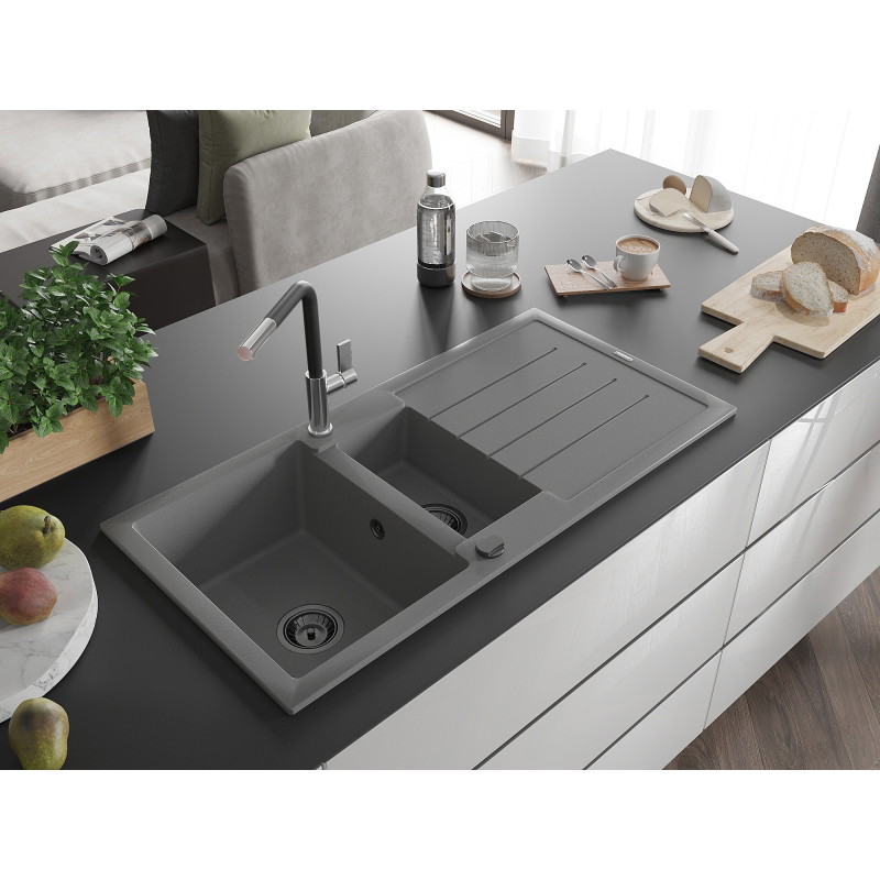 Mexen Andres granitische spoelbak 1,5-gats met afdruiprek en keukenmengkraan Flora, grijs - 6515-71-670401-07-B