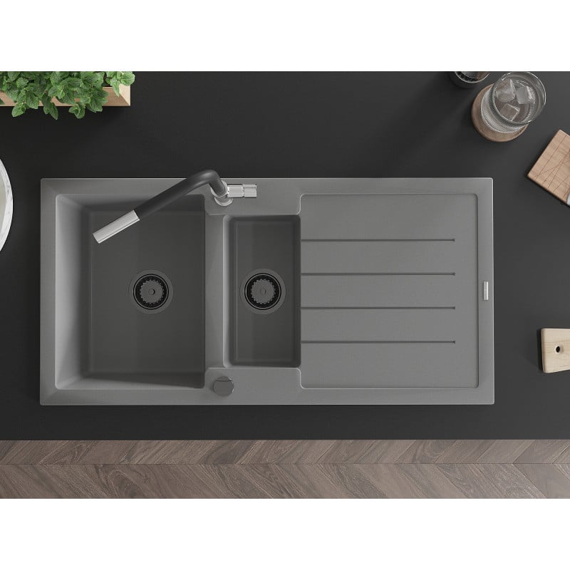 Mexen Andres fregadero de granito de 1,5 tazones con escurridor y grifo de cocina Flora, gris - 6515-71-670401-07-B