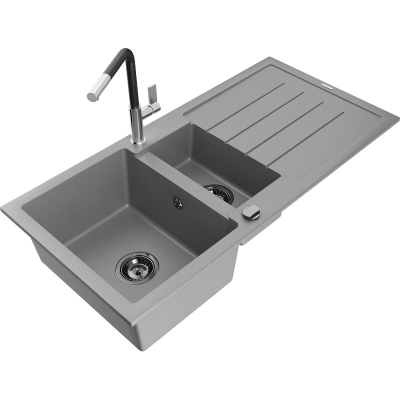Mexen Andres fregadero de granito de 1,5 cubetas con escurridor y grifo de cocina Flora, gris - 6515-71-670401-07-B