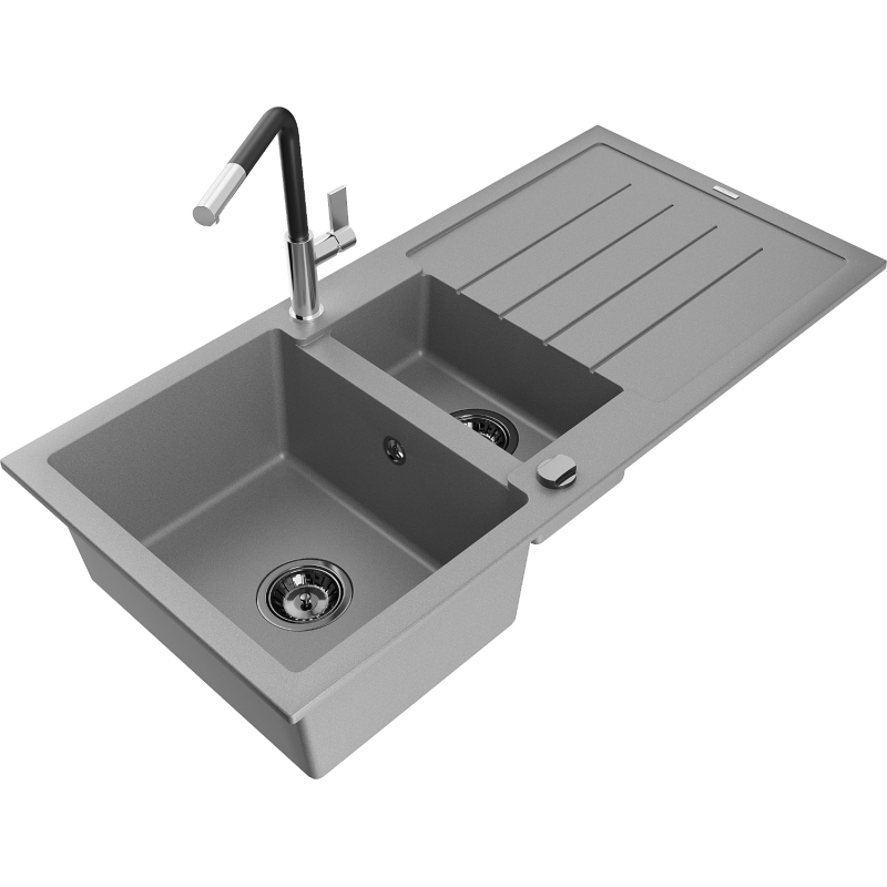 Mexen Andres granite sink 1.5-bowl with drainer and Flora kitchen tap, grey - 6515-71-670401-07-B