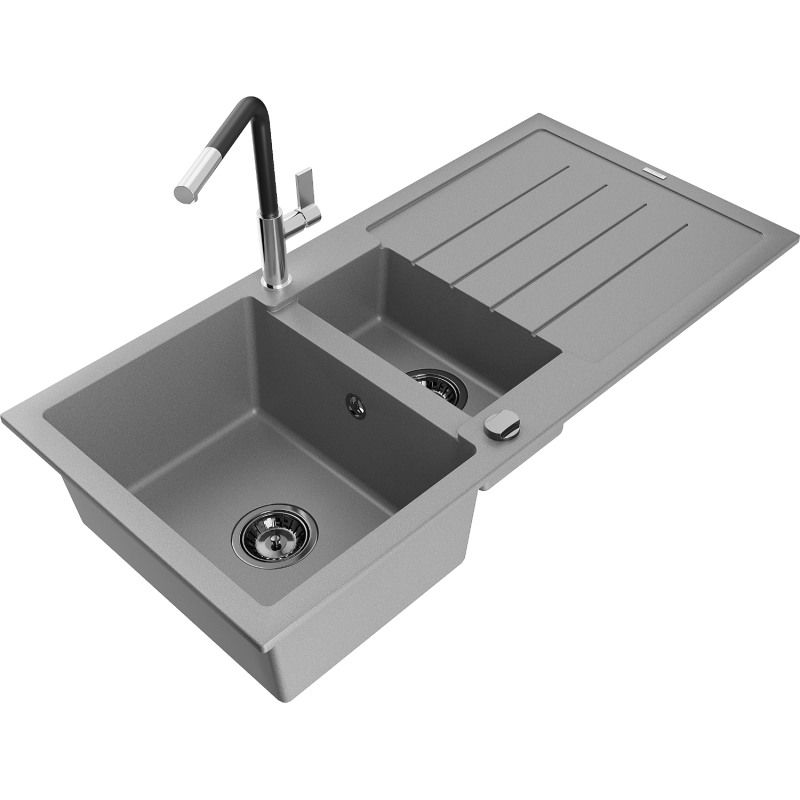 Mexen Andres lava-loiça de granito 1,5-cuba com escorredor e torneira de cozinha Flora, cinza - 6515-71-670401-07-B