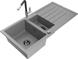 Mexen Andres granite sink 1.5-bowl with drainer and Flora kitchen tap, grey - 6515-71-670401-07-B