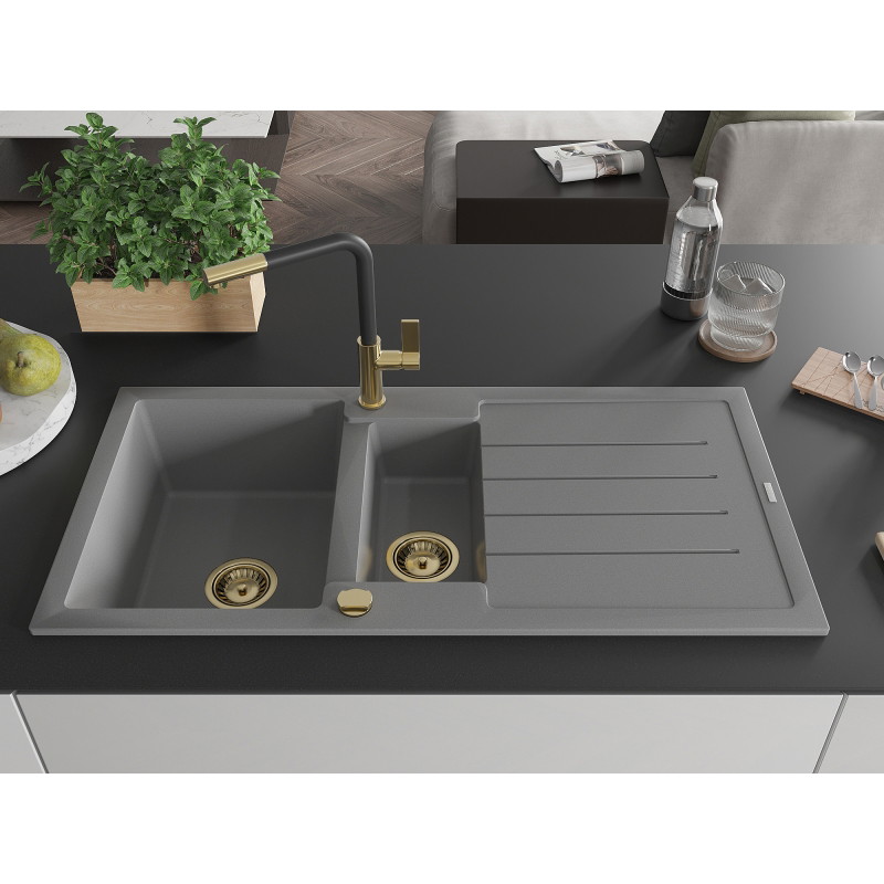 Mexen Andres 1,5-Schalen Granitspüle mit Abtropffläche und Küchenarmatur Flora, grau - 6515-71-670401-57-G