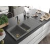 Mexen Andres Granitspüle 1,5-Becken mit Abtropffläche und Küchenarmatur Flora, grau - 6515-71-670401-57-G