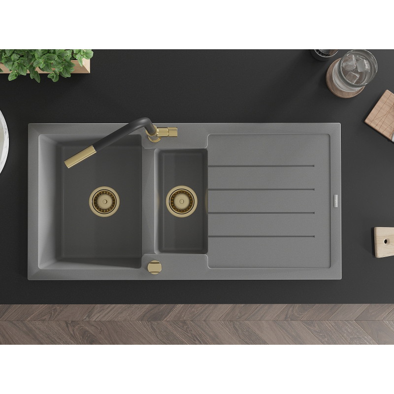 Mexen Andres granitische spoelbak met 1,5 bak en afdruiprek en keukenmengkraan Flora, grijs - 6515-71-670401-57-G