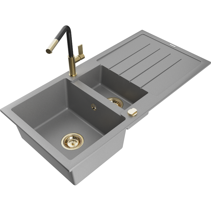 Mexen Andres fregadero de granito 1,5 senos con escurridor y grifo de cocina Flora, gris - 6515-71-670401-57-G