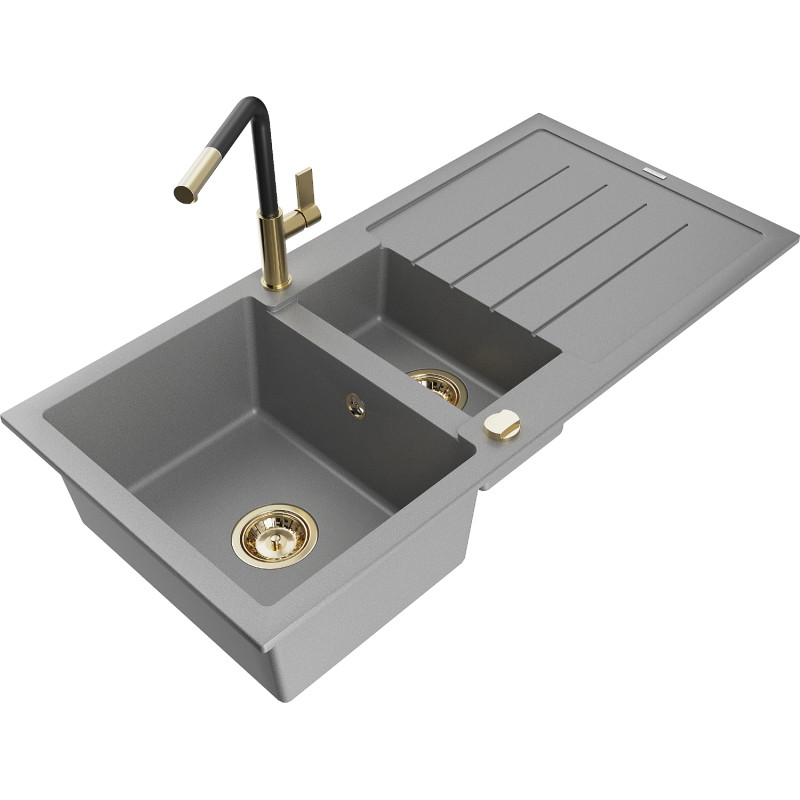 Mexen Andres granieten spoelbak 1,5-kamer met afdruiprek en keukenkraan Flora, grijs - 6515-71-670401-57-G