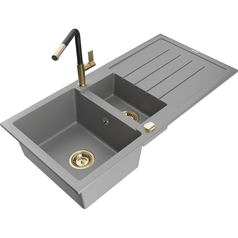 Mexen Andres Granitspüle 1,5-Becken mit Abtropffläche und Küchenarmatur Flora, grau - 6515-71-670401-57-G