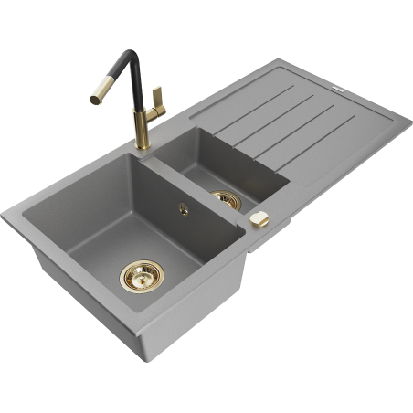 Mexen Andres Granitspüle 1,5-Becken mit Abtropffläche und Küchenarmatur Flora, grau - 6515-71-670401-57-G