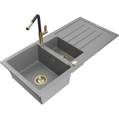 Mexen Andres lavello in granito 1,5 vasche con sgocciolatoio e rubinetto da cucina Flora, grigio - 6515-71-670401-57-G
