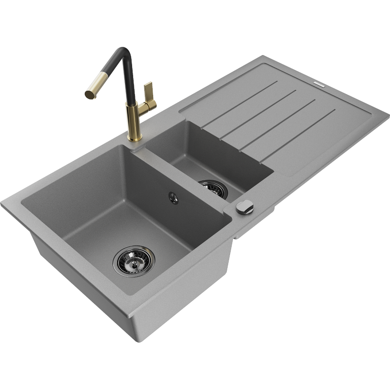 Mexen Andres fregadero de granito de 1,5 cubetas con escurridor y grifo de cocina Flora, gris - 6515-71-670401-57-B
