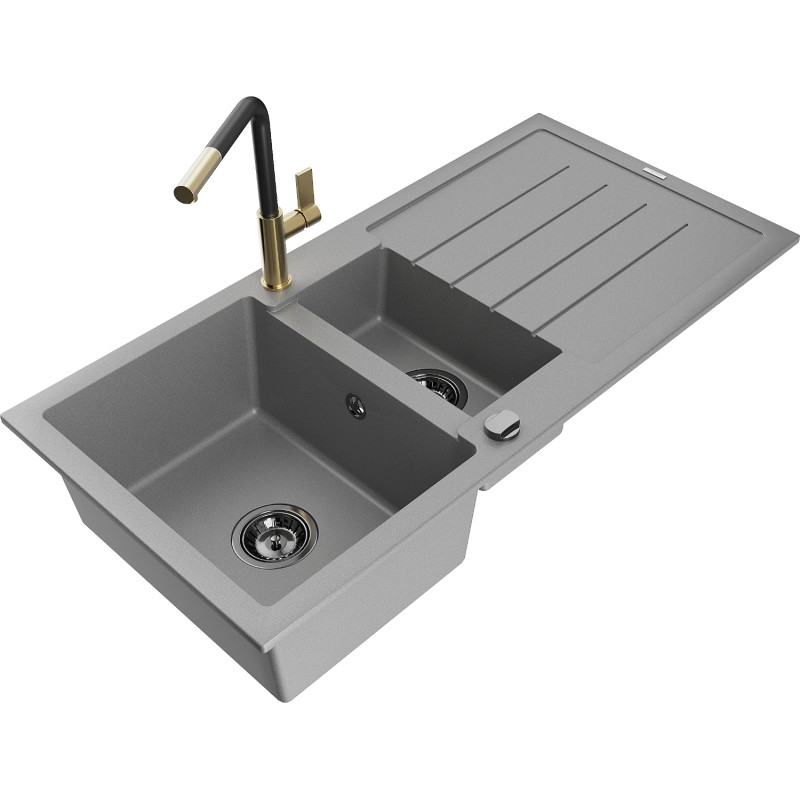 Mexen Andres fregadero de granito de 1,5 senos con escurridor y grifo de cocina Flora, gris - 6515-71-670401-57-B