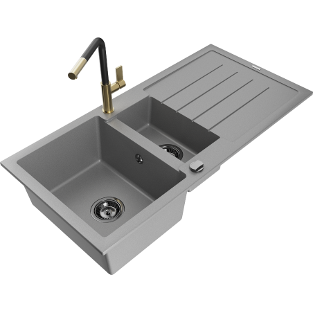 Mexen Andres fregadero de granito de 1,5 senos con escurridor y grifo de cocina Flora, gris - 6515-71-670401-57-B