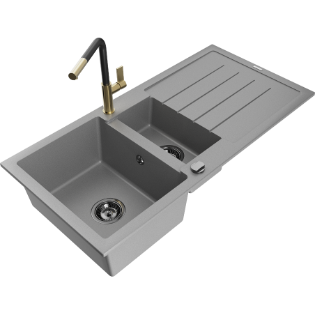 Mexen Andres granite sink 1.5-bowl with drainer and Flora kitchen tap, grey - 6515-71-670401-57-B