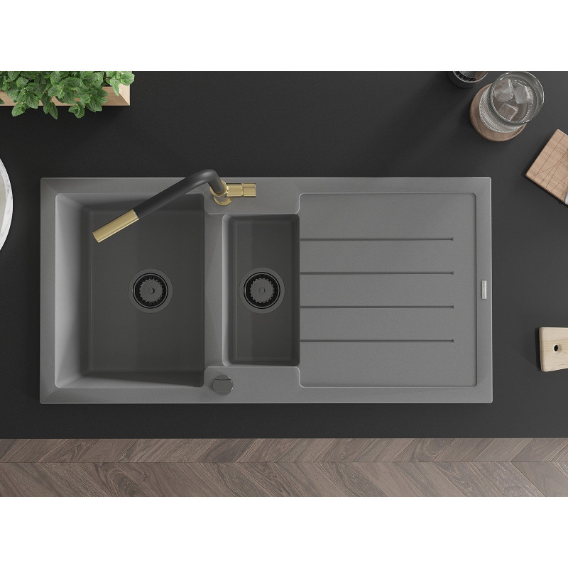 Mexen Andres granitische spoelbak 1,5-kamer met afdruiprek en keukenmengkraan Flora, grijs - 6515-71-670401-57-B
