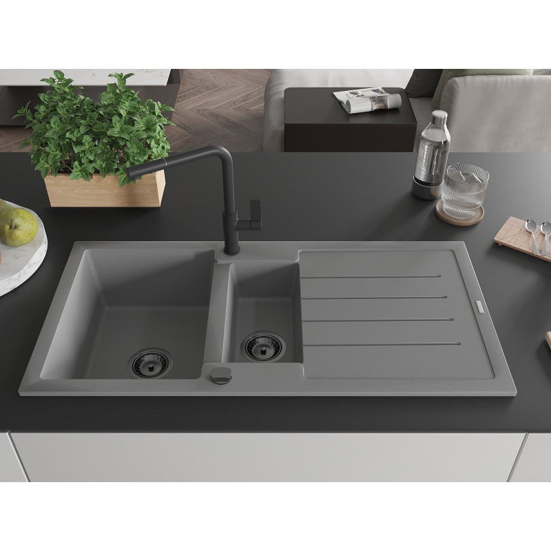 Mexen Andres fregadero de granito 1,5-secciones con escurridor y grifo de cocina Flora, gris - 6515-71-670401-70-B